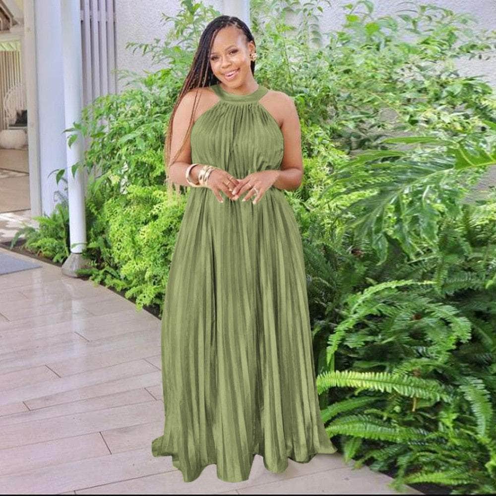 Cap Point Light Green / S Modimo Pleated Sleeveless Halter Neck Loose Big Swing Maxi Dress