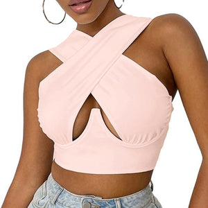 Cap Point Light Pink / S Hollow Out Crossed Sexy Crop Top