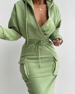 Cap Point Linton Pocket Design Drawstring Waist Hooded Sweatshirt Dress