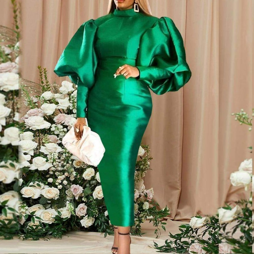 Cap Point Long Sexy Lantern High Neck Shiny Bodycon Christmas Dress