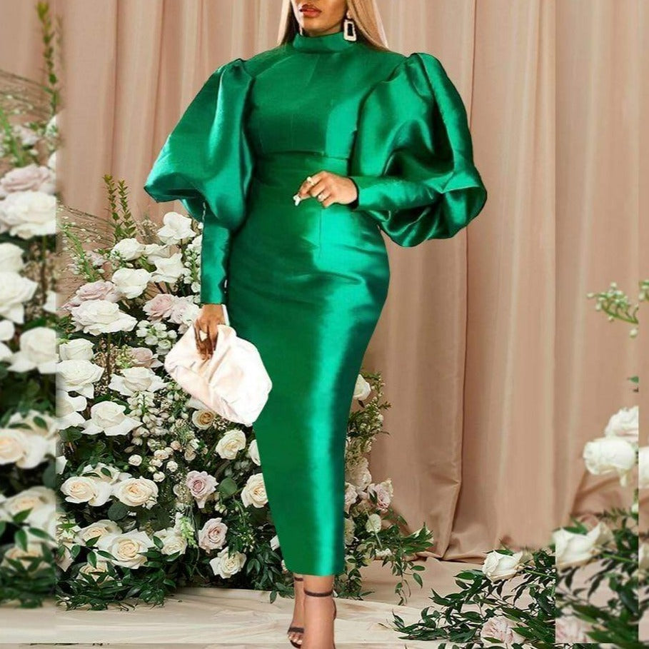 Cap Point Long Sexy Lantern High Neck Shiny Bodycon Christmas Dress