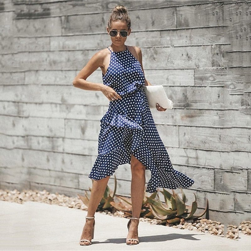 Cap Point Madeline Summer Ruffles Halter Irregular Lace Up Polka Dot Dress