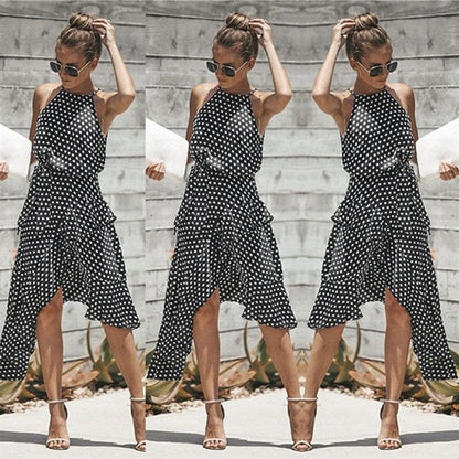 Cap Point Madeline Summer Ruffles Halter Irregular Lace Up Polka Dot Dress
