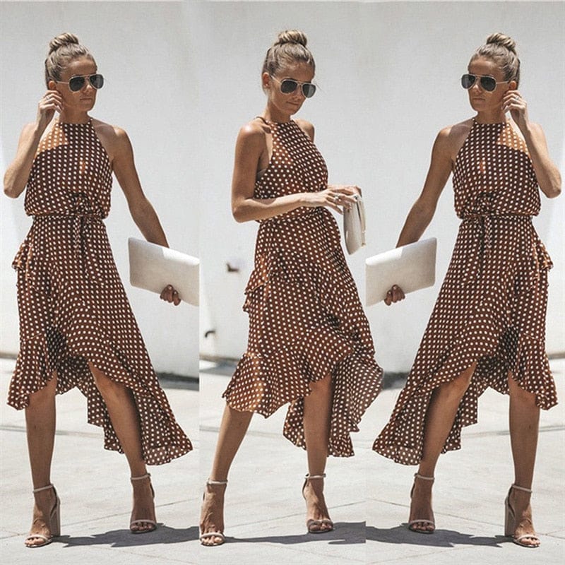 Cap Point Madeline Summer Ruffles Halter Irregular Lace Up Polka Dot Dress