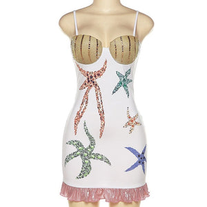 Cap Point Malia Rhinestones Spaghetti Straps Ruffles Stitching Bodycon Mini Dress