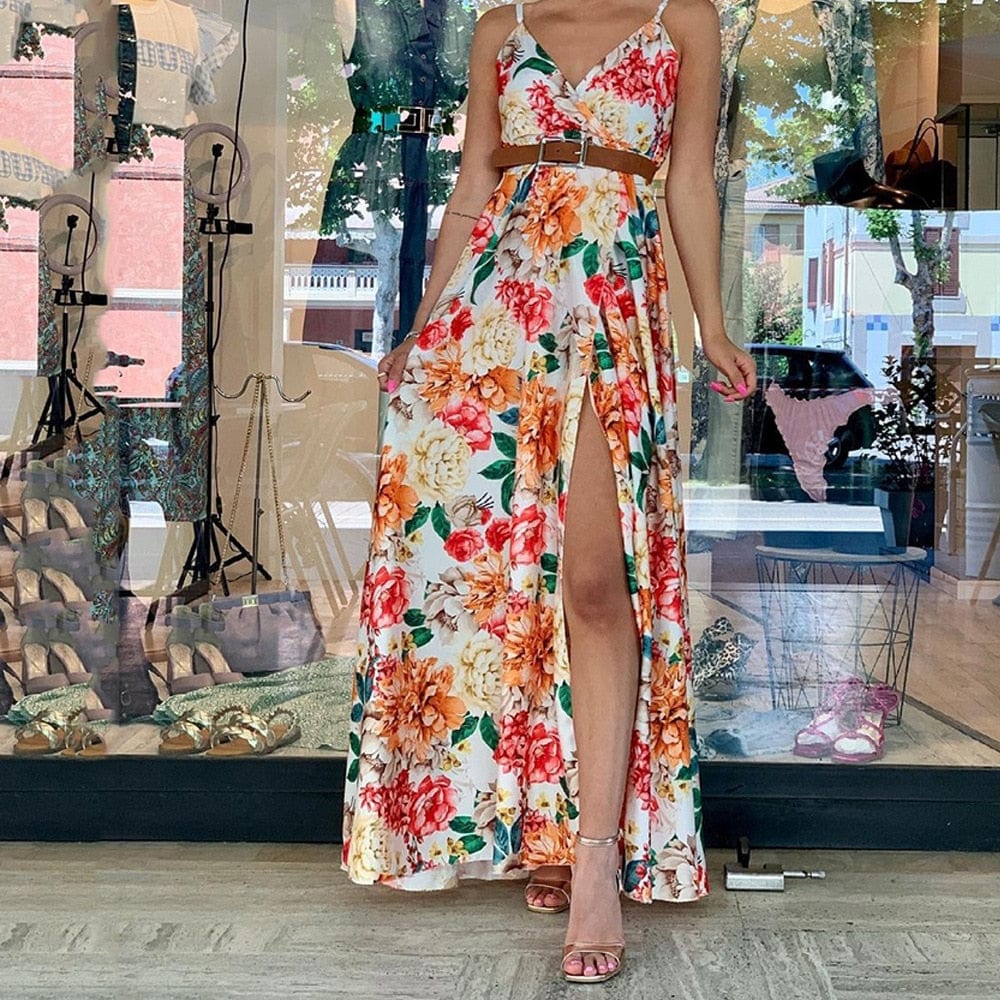 Cap Point Maria Suspender Split Sleeveless Printed Long Skirt V-neck Waist Dress