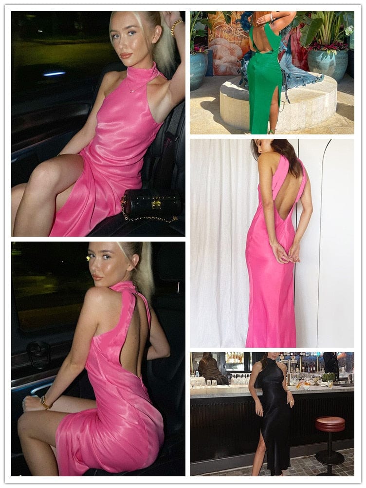 Cap Point Marianne Elegant Sexy Satin Turtleneck Backless Slim Bodycon Maxi Dress