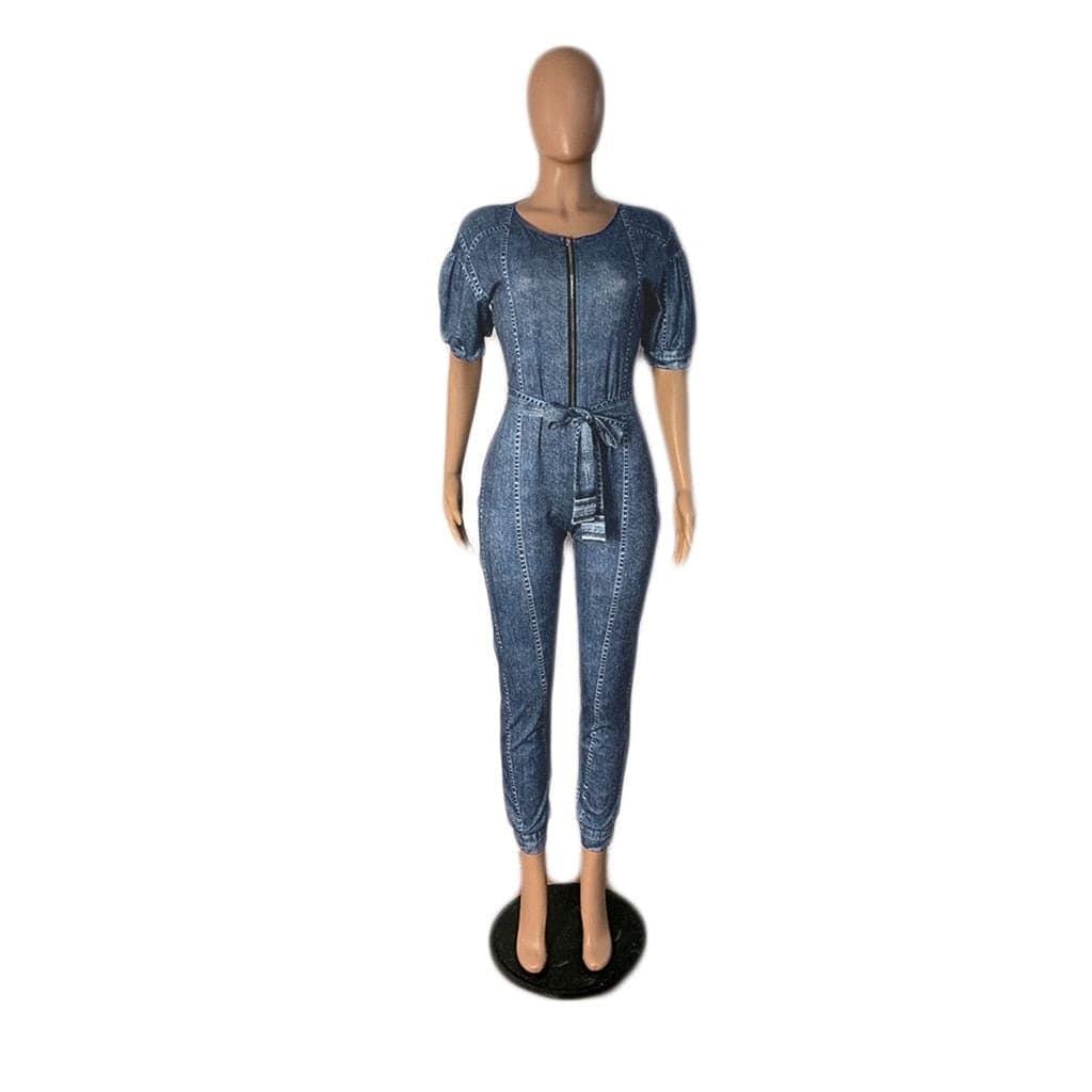 Cap Point Marissa Short Sleeve O-neck Zipper Bandage Sashes Stretchy Pencil Playsuit