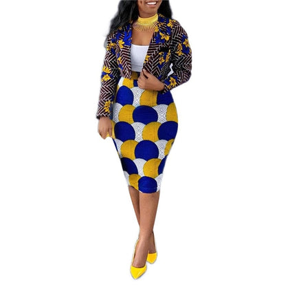 Cap Point Marisse Print Lapel Long Sleeves Suit Jacket + High-Waist Knee-Dress