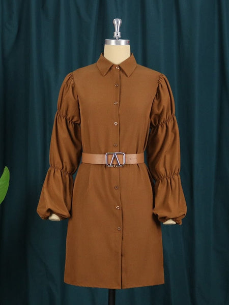 Cap Point Marla Long Sleeve Puff Sleeve Waist Belt Cardigan Mini Shirt Dress