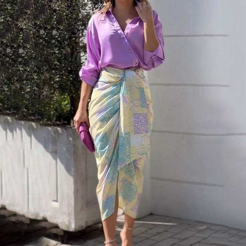 Cap Point Marta V Neck Full Sleeve Lapel Shirt Top Slit Pleated Lace Up Print Skirt Set