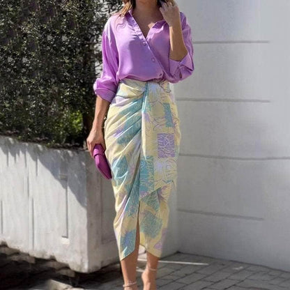 Cap Point Marta V Neck Full Sleeve Lapel Shirt Top Slit Pleated Lace Up Print Skirt Set