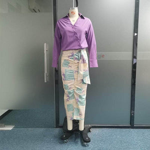 Cap Point Marta V Neck Full Sleeve Lapel Shirt Top Slit Pleated Lace Up Print Skirt Set