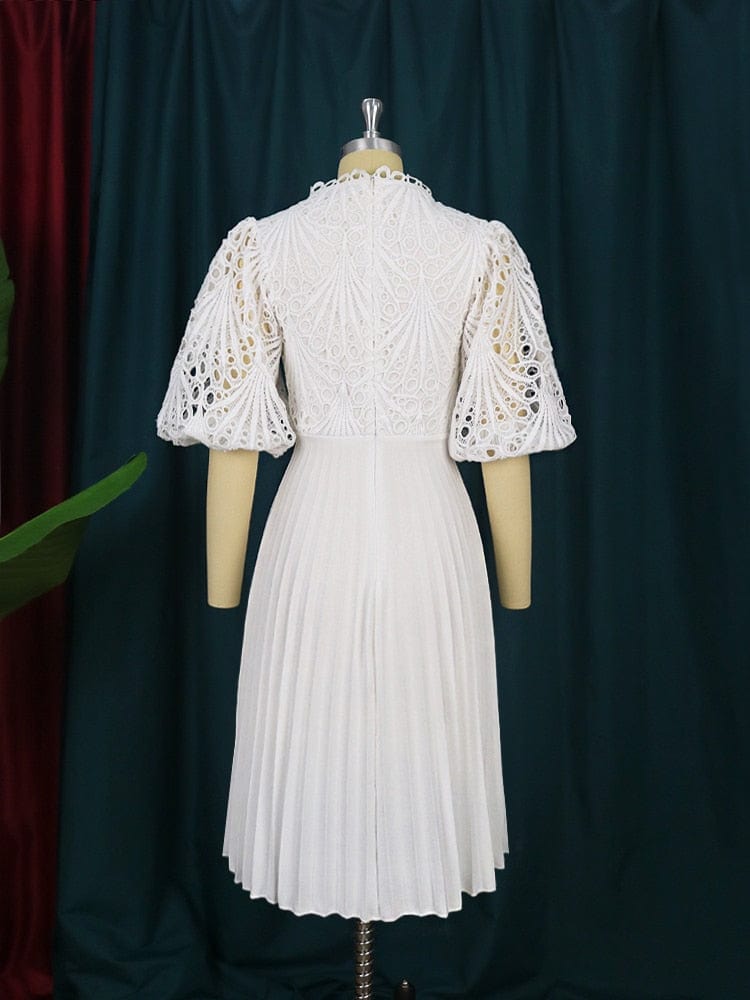 Cap Point Martine Pleated  Puff Sleeve Hollow Out Lace Midi Dress