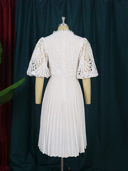 Cap Point Martine Pleated  Puff Sleeve Hollow Out Lace Midi Dress