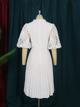 Load image into Gallery viewer, Cap Point Martine Pleated  Puff Sleeve Hollow Out Lace Midi Dress
