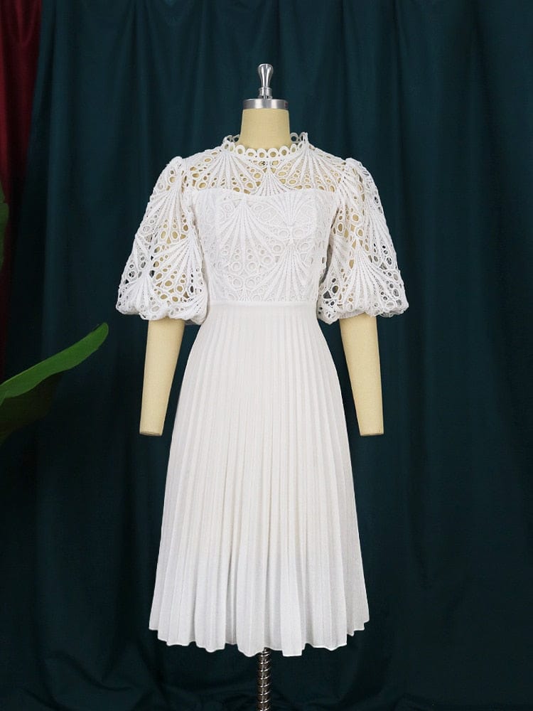 Cap Point Martine Pleated  Puff Sleeve Hollow Out Lace Midi Dress