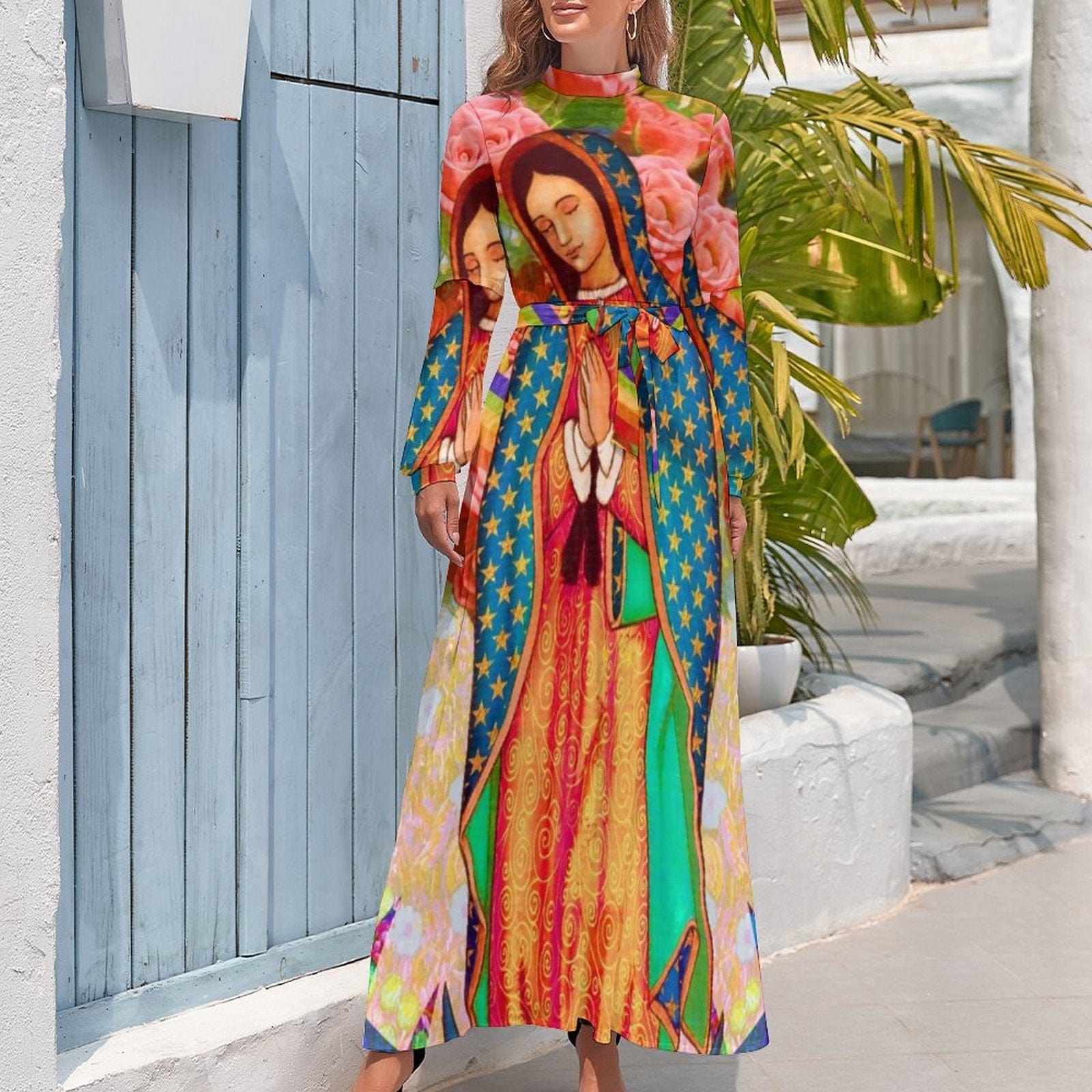 Cap Point Mary High Neck Long-Sleeve Boho Style Maxi Dress