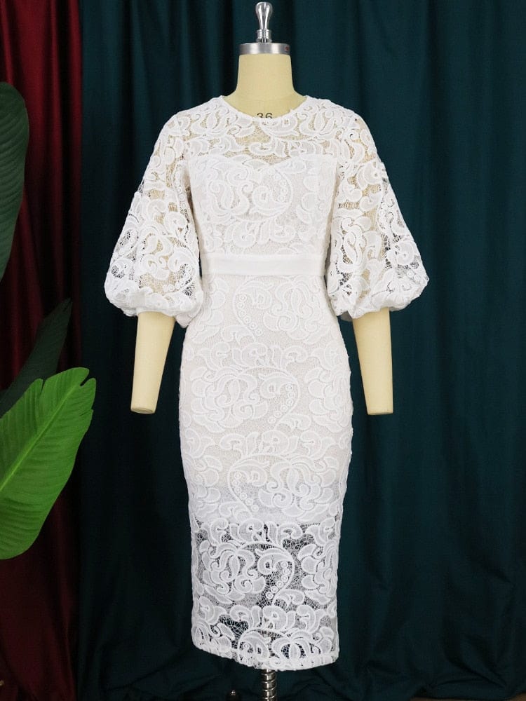 Cap Point Meda Plus Size O Neck Lace Lantern Sleeve Hollow Out PatchworkMaxi Dress