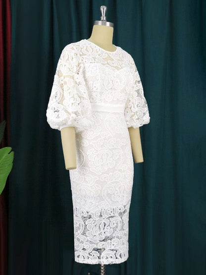 Cap Point Meda Plus Size O Neck Lace Lantern Sleeve Hollow Out PatchworkMaxi Dress