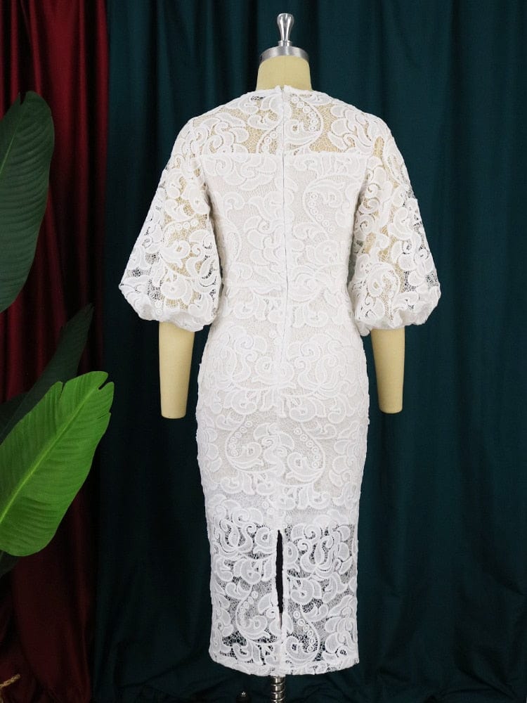 Cap Point Meda Plus Size O Neck Lace Lantern Sleeve Hollow Out PatchworkMaxi Dress