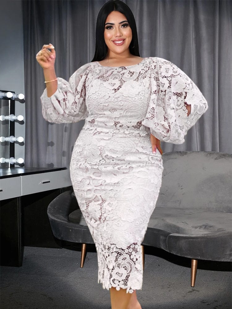 Cap Point Meda Plus Size O Neck Lace Lantern Sleeve Hollow Out PatchworkMaxi Dress