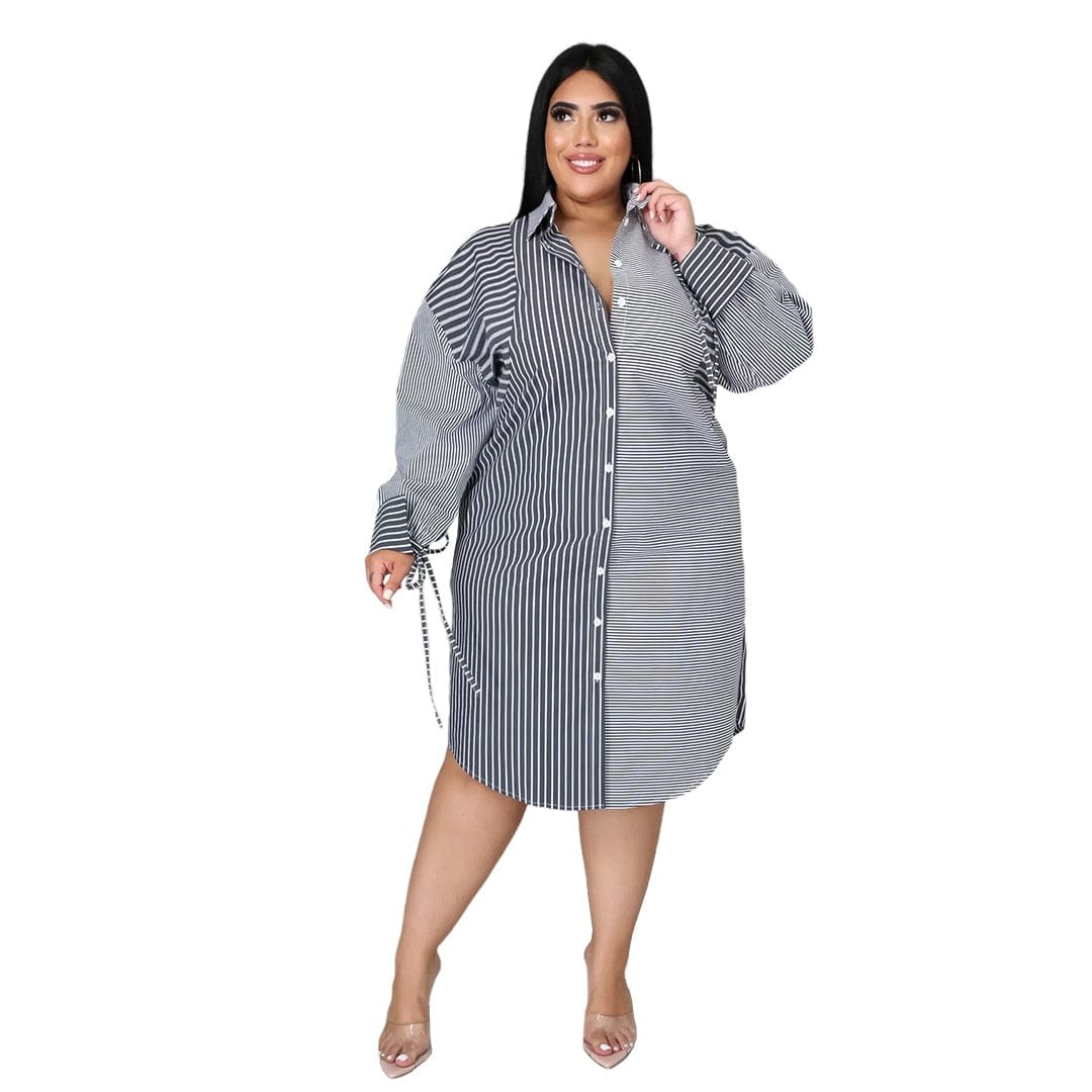 Cap Point Meda Plus size Splicing stripe printing long sleeve casual shirt dress