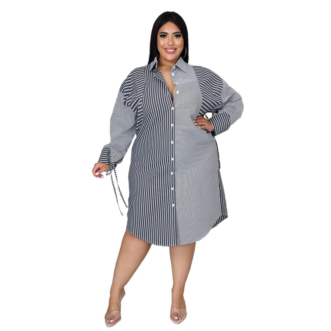 Cap Point Meda Plus size Splicing stripe printing long sleeve casual shirt dress