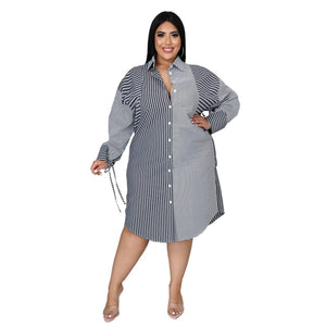 Cap Point Meda Plus size Splicing stripe printing long sleeve casual shirt dress