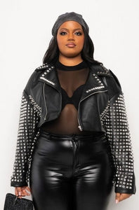 Cap Point Megan Plus Size Studded Arms Fashion Ladies Zipper PU Warm Jacket