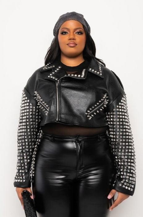 Cap Point Megan Plus Size Studded Arms Fashion Ladies Zipper PU Warm Jacket