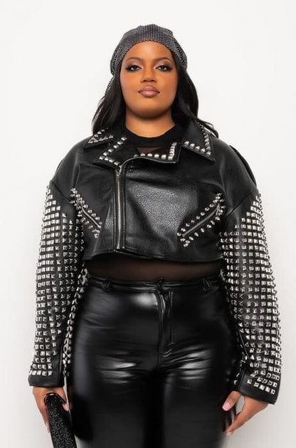 Cap Point Megan Plus Size Studded Arms Fashion Ladies Zipper PU Warm Jacket