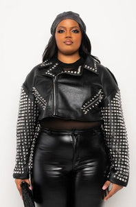 Cap Point Megan Plus Size Studded Arms Fashion Ladies Zipper PU Warm Jacket