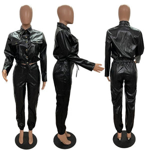 Cap Point Megan PU Leather Matching Elegant Two Piece Long Sleeve Top Coat