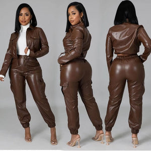 Cap Point Megan PU Leather Matching Elegant Two Piece Long Sleeve Top Coat