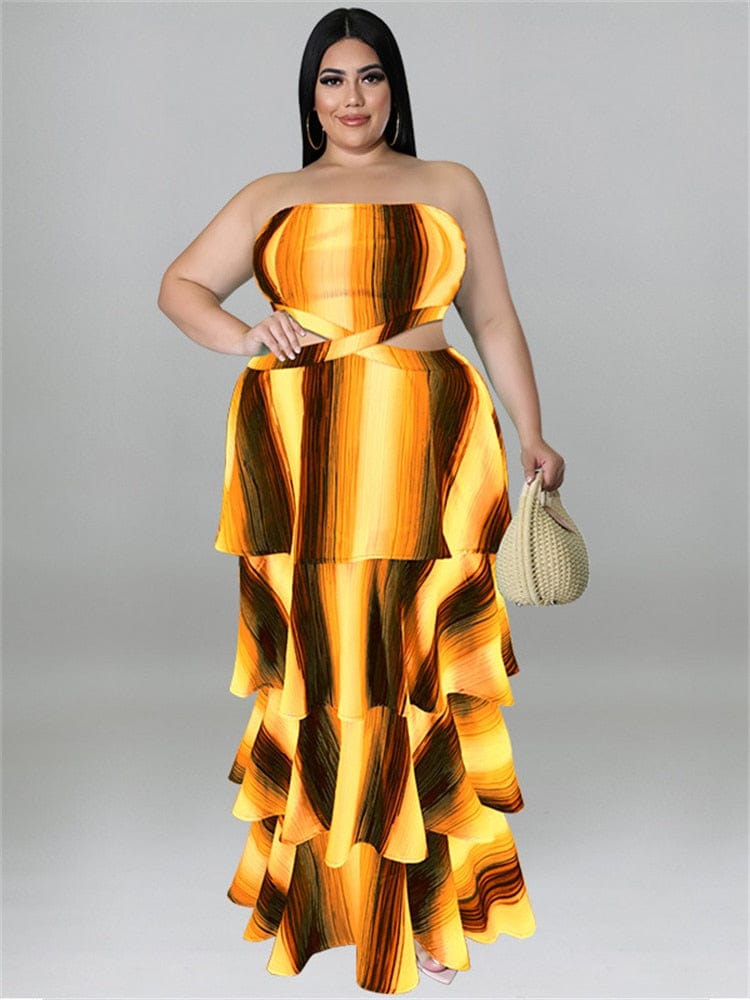 Cap Point Melania Plus Size Ruffles Hem Off The Shoulder Hollow Out Elegant Maxi Dress