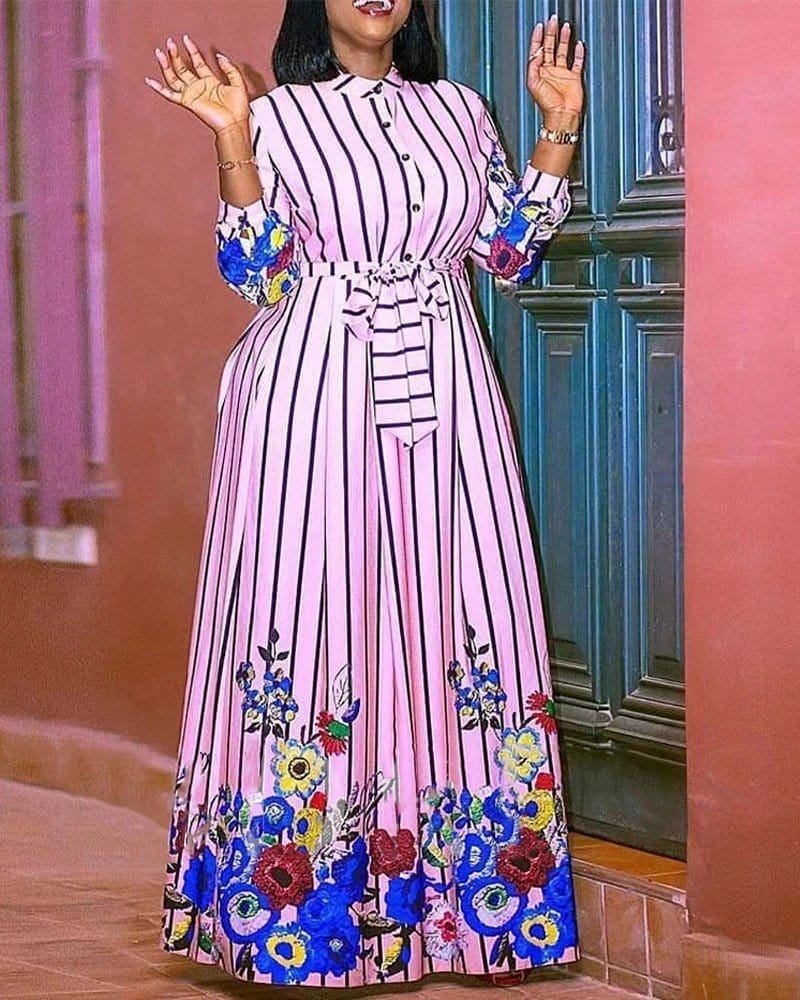 Cap Point Melania Striped Full Sleeve Lace Up High Waist Floral Maxi Dress