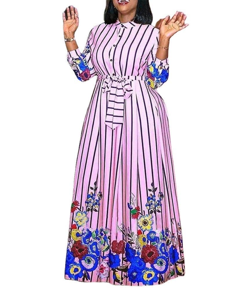 Cap Point Melania Striped Full Sleeve Lace Up High Waist Floral Maxi Dress