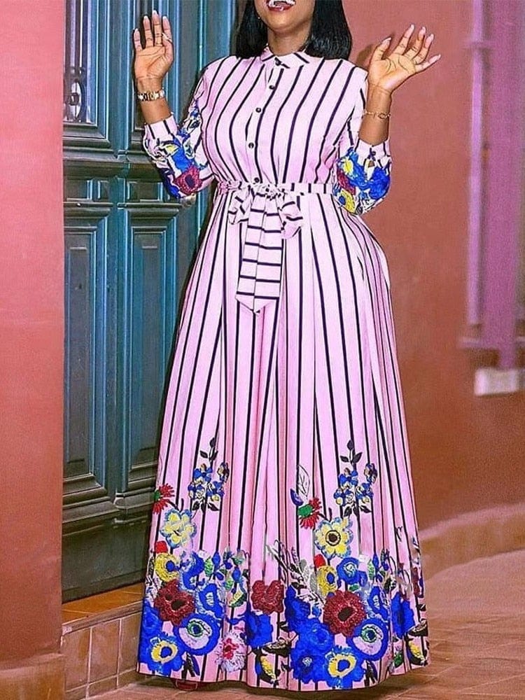 Cap Point Melania Striped Full Sleeve Lace Up High Waist Floral Maxi Dress
