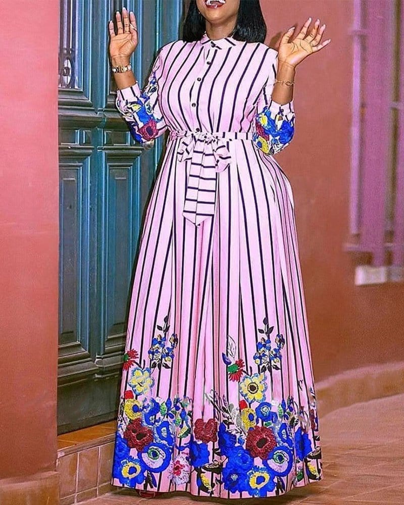 Cap Point Melania Striped Full Sleeve Lace Up High Waist Floral Maxi Dress