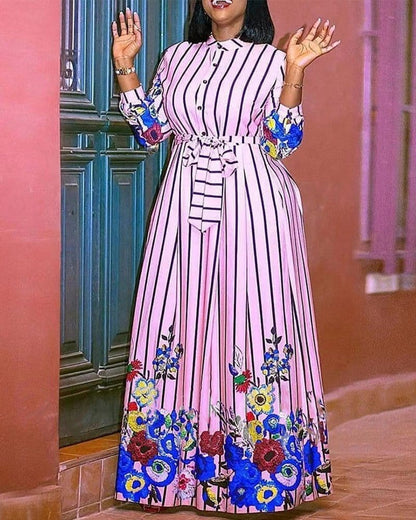 Cap Point Melania Striped Full Sleeve Lace Up High Waist Floral Maxi Dress