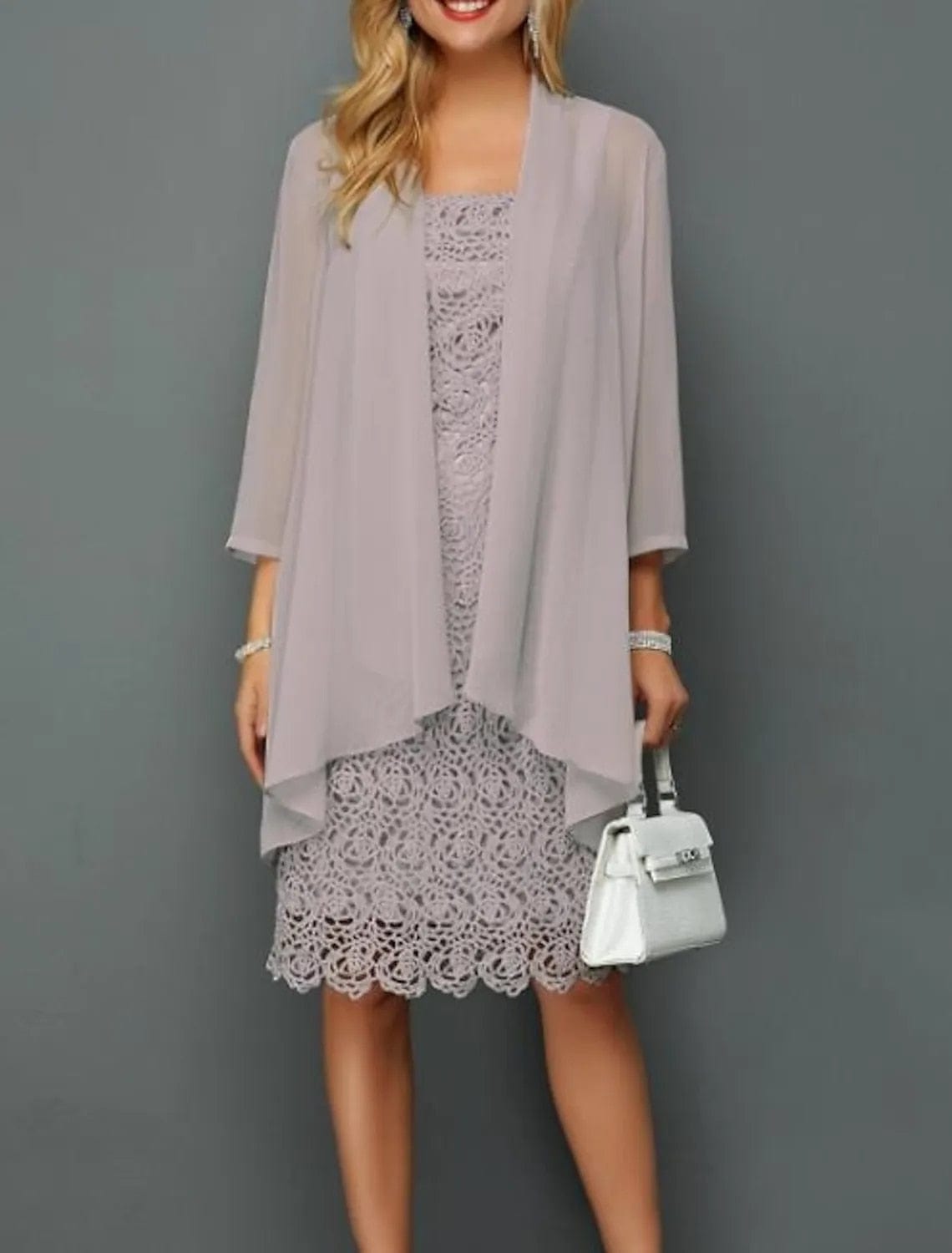 Cap Point Melinda Elegant Two Piece 3/4 Sleeve Short Lace Wedding Party Mother Of The Bride Dress