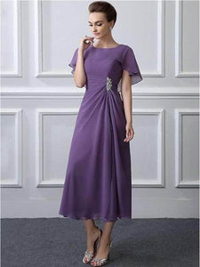 Cap Point Michelline Chiffon Tea Length Folds Wedding Party Guest Gown Mother of the Bride Dress