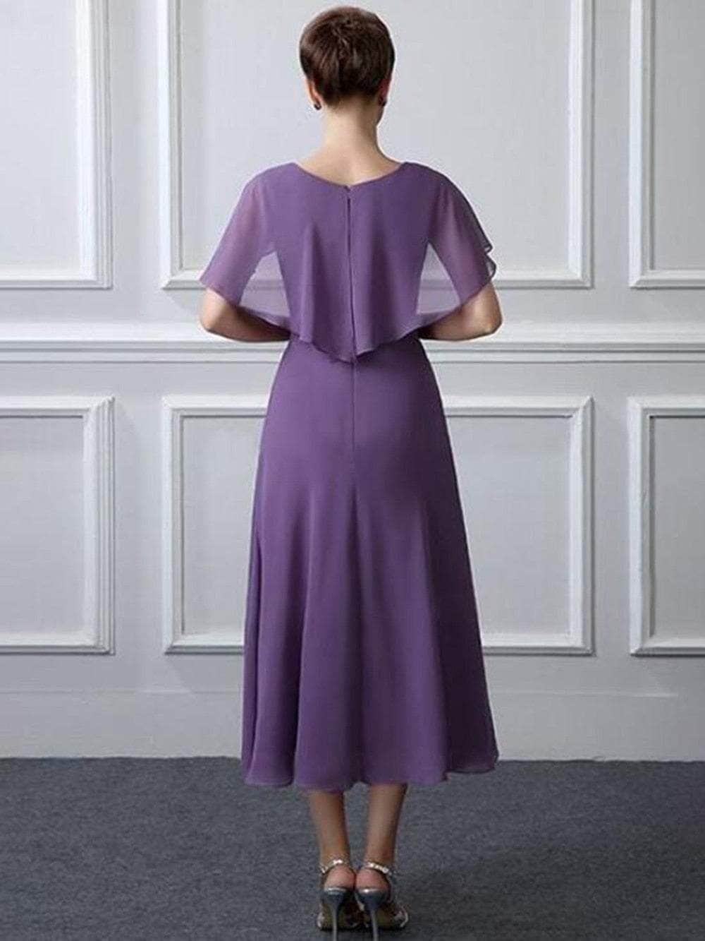 Cap Point Michelline Chiffon Tea Length Folds Wedding Party Guest Gown Mother of the Bride Dress