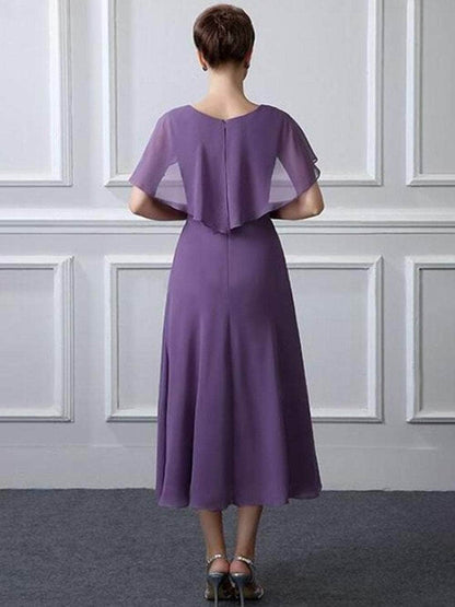 Cap Point Michelline Chiffon Tea Length Folds Wedding Party Guest Gown Mother of the Bride Dress