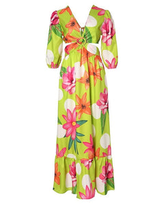 Cap Point Mileine Long Sleeved Cutout V-Neck Twist Floral Maxi Dress