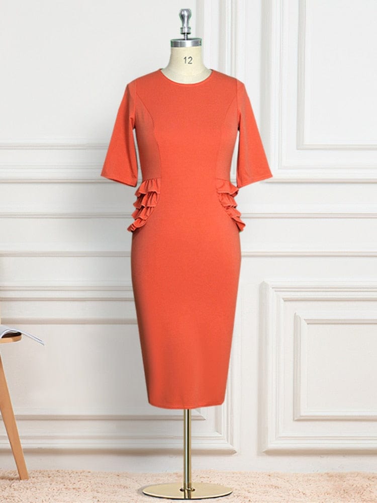Cap Point Mirva Elegant Round Neck Ruffle Half Sleeve Bodycon Dress