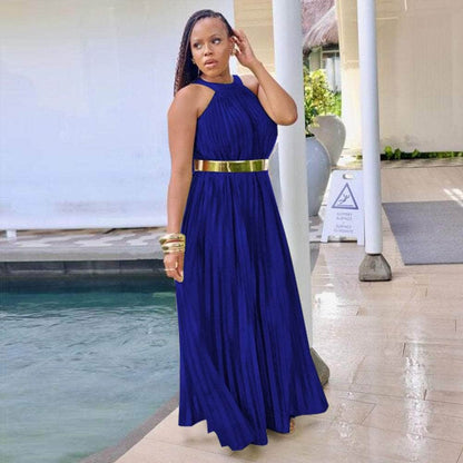 Cap Point Modimo Pleated Sleeveless Halter Neck Loose Big Swing Maxi Dress