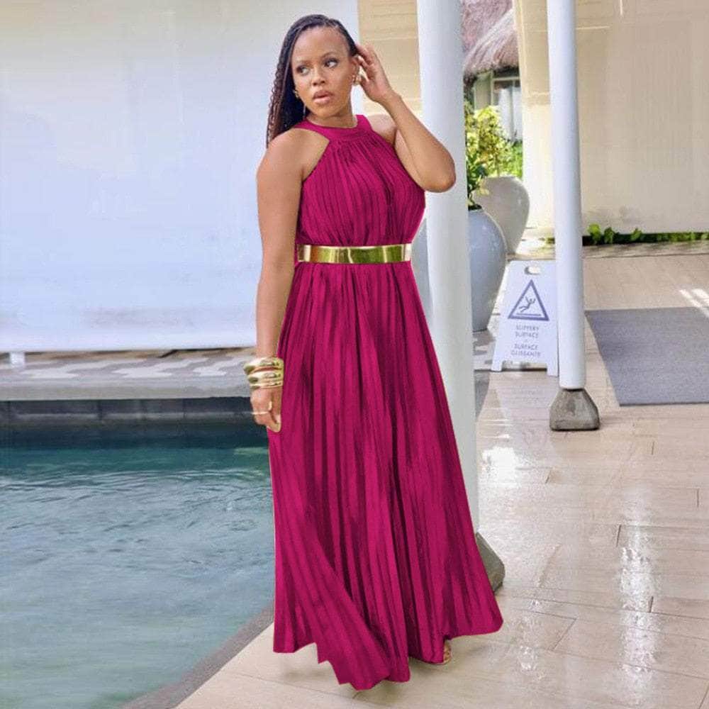 Cap Point Modimo Pleated Sleeveless Halter Neck Loose Big Swing Maxi Dress