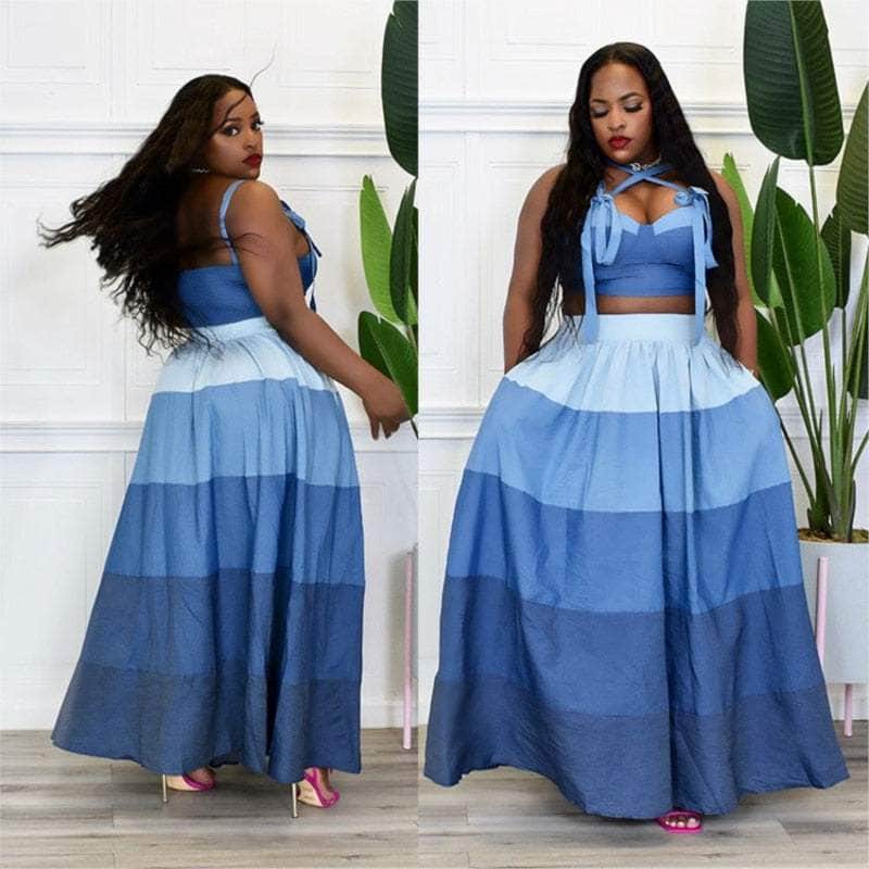 Cap Point Mongengo Two Piece Matching Summer Striped Sleeveless Top Skirt